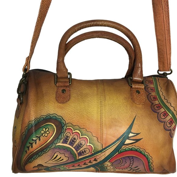 Anuschka NEVER USED Handpaint Leather Cross Body Saddle Brown Paisley - Picture 1 of 12